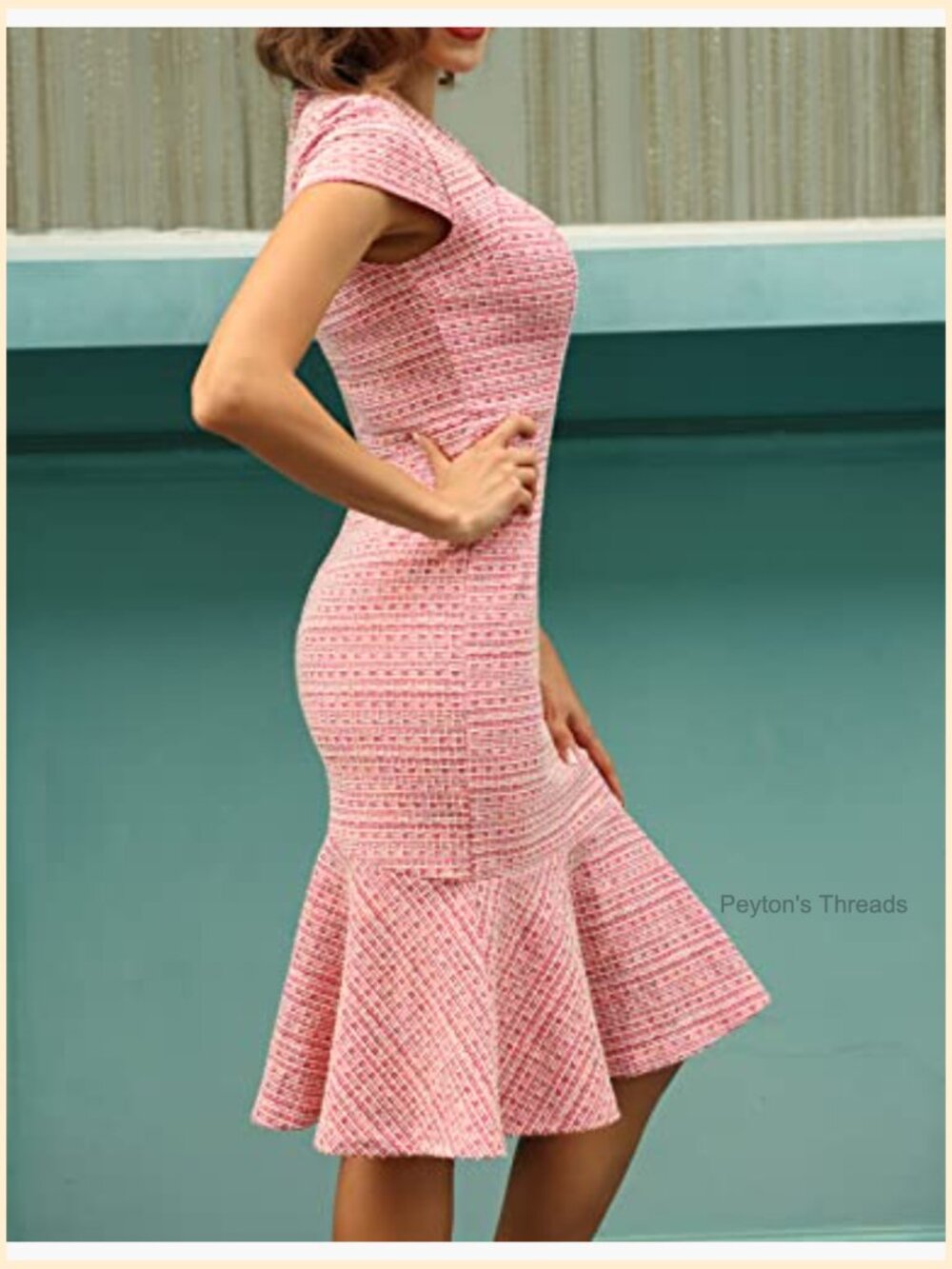 Elegant Cap Sleeve Fishtail Tweed Bodycon Cocktail Dress - Picture 5 of 6